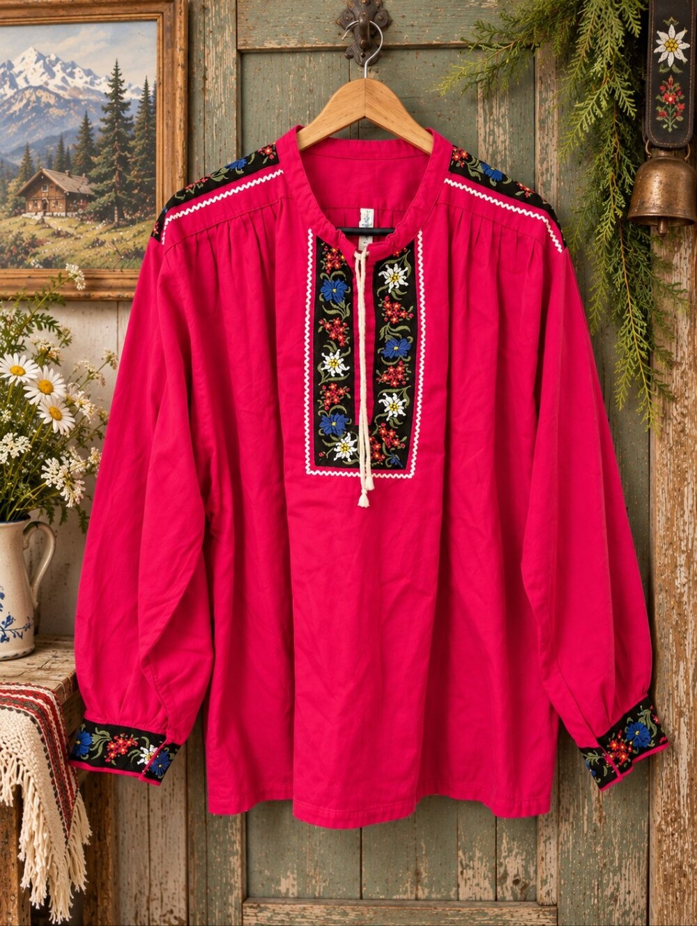 Vintage WENET Swiss Trachten Folk Blouse 54 L Pink Embroidered Cotton
